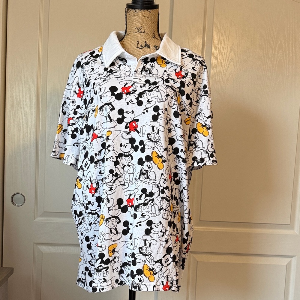 Disney White Polo Shirt with Black, Red & Yellow Mickey Print